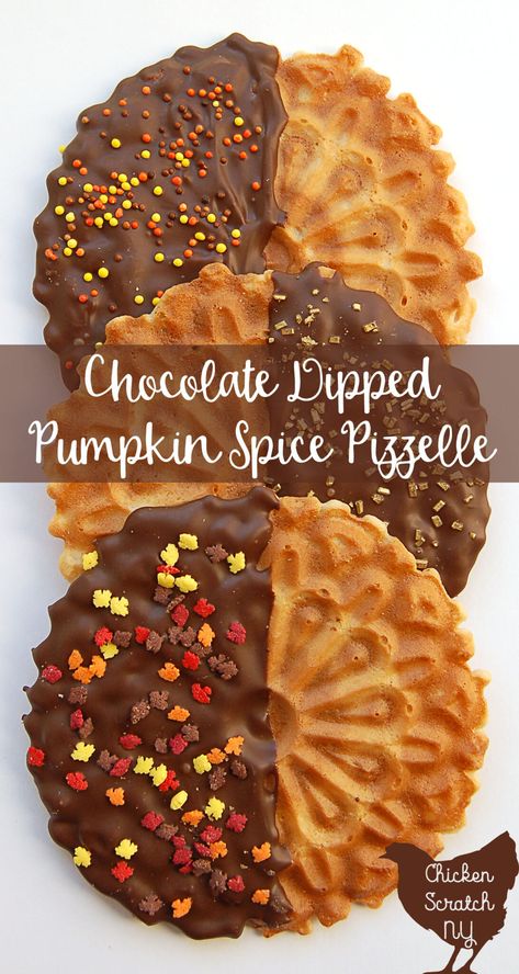 Impress your guests this fall with an elegant no-bake three ingredient dessert featuring pumpkin pizzelle cookies, dark chocolate and seasonal sprinkles #nobakedesert #fallcookies #falldesserts #pumpkinrecipes #fallrecipes #pumpkindessert #pumpkinspice #chickenscratchny Pizzelle Cookies, Pizzelle Recipe, Fall Cookies, Fall Dessert Recipes, Bake Cookies, Dessert Ingredients, Fancy Cookies, Pumpkin Chocolate, Pumpkin Dessert