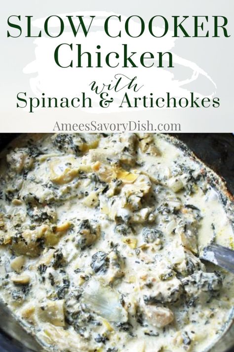 If you love spinach and artichoke dip, then you're going to love this Slow Cooker Chicken with Spinach and Artichokes recipe made with chopped boneless chicken breasts, frozen spinach, artichoke hearts, cream cheese, chicken broth, herbs, and spices. Chicken Spinach Artichoke Dip Crockpot, Artichoke Chicken Crockpot Recipes, Artichoke Slow Cooker Recipes, Chicken Artichoke Recipes Slow Cooker, Slow Cooker Chicken Artichoke, Slow Cooker Chicken With Spinach, Slow Cooker Chicken Spinach Artichoke, Crock Pot Spinach Artichoke Chicken, Spinach Artichoke Chicken Crockpot Slow Cooker