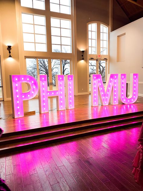 Phi Mu Letters Painted, Sorority Formal Decor, Sorority Formal Themes, Semi Formal Themes, Phi Mu Letters, Greek Letters Painted, Sorority Recruitment Decorations, Preference Night, Recruitment Decorations