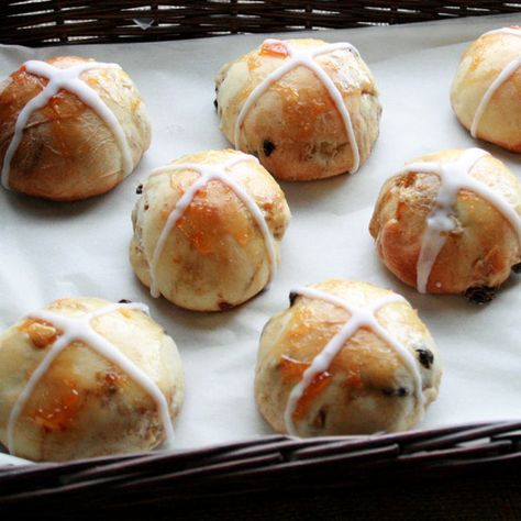 Hot Cross Buns Hot Cross Buns Recipe, Fruit Peel, British Baking, Candied Fruit, Hot Cross Buns, Bread Bun, Cross Buns, Apricot Jam, Mixed Fruit