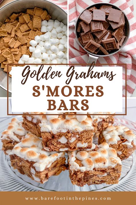 Golden Grahams Indoor S'mores- An easy no bake S'mores Bar recipe made with Golden Grahams cereal, mini marshmallows and Hershey's bars. These are perfect for a party or just a fun evening indoors! Golden Grahams S'mores | Indoor S'mores Bars | S'mores Bars | Easy Sweets Recipe | Party Food Golden Grahams Smores Bars, Golden Grahams Cereal, Golden Grahams, S Mores Bars, Iced Oatmeal Cookies, Frozen Chocolate, S'mores Bar, Roasting Marshmallows, Bar Recipe