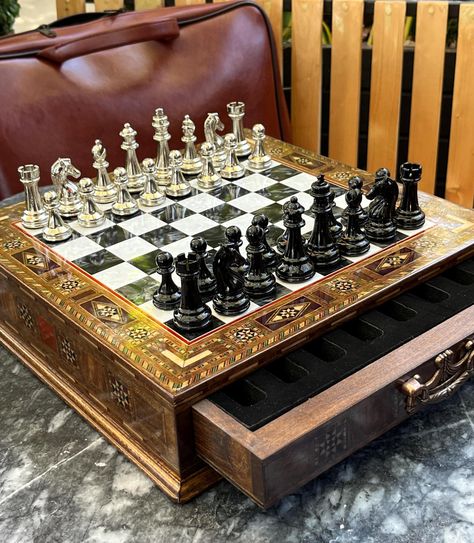 Personalized Handmade Colorful Chess Board With Chess Pieces Storage Walnut , Classic Chess Set Pieces Premium Gift for Husband Medium Chess Set:  Chess Board: 32 x 32 x 6 cm/ 12.6" x 12.6" x 2.4"  ♛ King size is 7 cm (3") ♟ Pawn size is 3,5 cm (1.3") Large Chess Set:  Chess Board : 14.9" x 14.9" x 2.7" /38 x 38 x 7 cm Chess Pieces :  ♛King height: 8 cm ♕ ♞Horse height: 7 cm♘ ♟Pawn height: 5.7 cm.♙ Product Features ✔ The playground is made of Rosewood and Walnut. ✔ All patterns are created by co Hardware Chess Set, Classic Chess Set, Marvel Chess Set, Handmade Chess Set, Black Chess Pieces, Gold Chess Pieces, Large Chess Set, 4 King, Ornate Chess Set