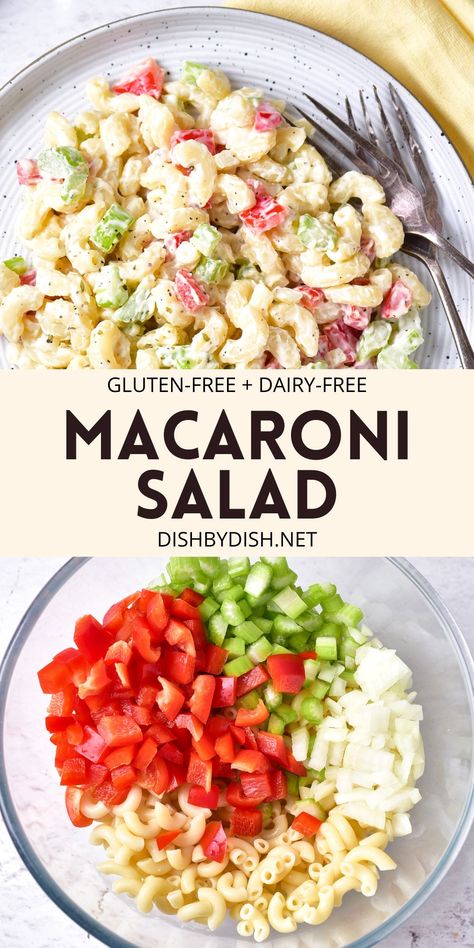 Perfect for picnics, barbecues and potlucks, this gluten-free macaroni salad is easy to make, tastes delicious, and is always a popular side dish during the summer! Totally dairy-free too. Gluten Free Summer Sides, Gluten Free Pasta Salad Recipes, Gluten Free Potluck, Gluten Free Pasta Salad, Salad Recipes Gluten Free, Healthy Spring Recipes, Easy Macaroni Salad, Potluck Side Dishes, Dairy Free Pasta