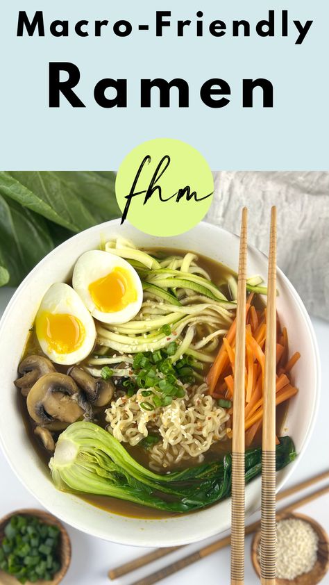 Macro Friendly Ramen With 30g of Protein! Low Sodium Ramen Broth, High Protein Ramen Noodle Recipes, Macro Friendly Ramen Recipes, Macro Friendly Ramen, Protein Ramen Noodles, High Protein Ramen Recipe, High Protein Ramen Bowl, Low Calorie Ramen Recipes, Low Sodium Ramen