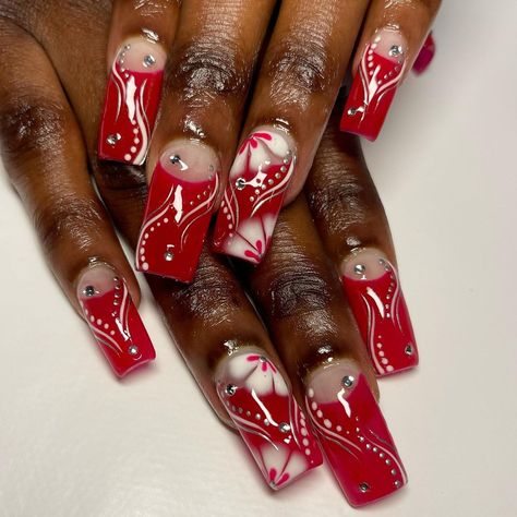 J3N NAILED IT on Instagram: “❤️ spicy bday nails for my girl @mubs.y ❤️ Acrylic extensions Red tips White and silver flicks and dots Hand painted flowers Gems…” Painted Flower Nails, Acrylic Extensions, Bday Nails, Red Tips, Nailed It, Hand Painted Flowers, Painted Flowers, Love Nails, My Girl