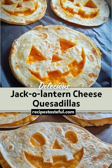 These Jack-o-lantern Cheese Quesadillas are a fun and festive Halloween treat. Easy to make and quick to cook, they feature cheesy filling with spooky jack-o-lantern faces, making them perfect for both kids and adults during the Halloween season. Halloween Dinner Party Food For Kids, Halloween Dinner Party Food, Cheese Quesadilla Recipe, Spooky Dinner, Cheese Quesadillas, Night Dinner Recipes, Halloween Lunch, Halloween Breakfast, Bariatric Eating