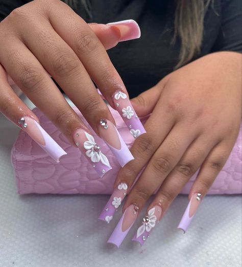 Nails Acrylic Summer Butterfly, Soft Colors Acrylic Nails, French Tip Designs Acrylic Long, Lilac Quinceanera Nails Butterfly, Purple Birthday Set, Purple Nail Coffin, Pink Square Nails With Flowers, Long Nails Quince, Acrylic Nail Birthday Designs