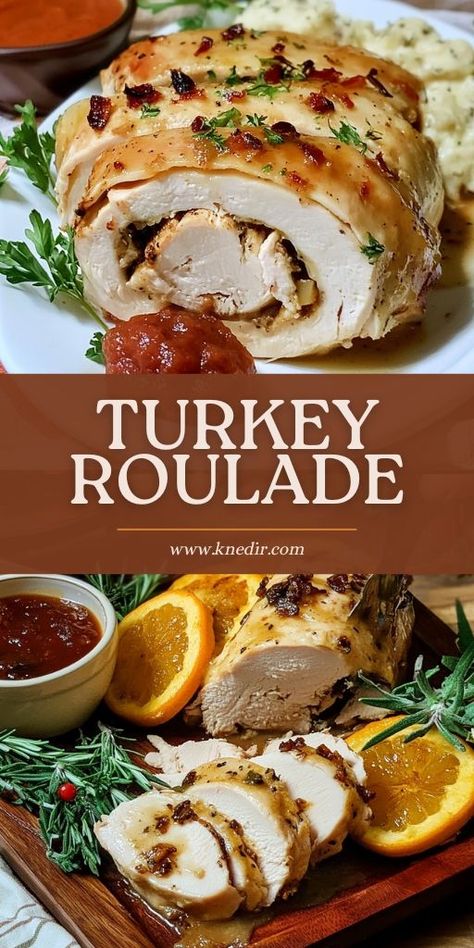 Elevate your holiday meal or special occasion with this delicious Turkey Roulade recipe! Filled with herbs, garlic, and savory stuffing, this turkey dish is tender, flavorful, and perfect for impressing your guests. 🍽️🌿 Whether you're planning Thanksgiving or a weekend feast, this roulade is sure to be a hit. Get the full Turkey Roulade recipe and make your holiday meal unforgettable—click for more! #TurkeyRecipe #HolidayCooking #ThanksgivingDinner #EasyCooking #HolidayFeast #DinnerIdeas Best Turkey Thanksgiving Recipes, Turkey Breast For Thanksgiving, Turkey Roulade Recipes, Turkey Breast Roulade Recipes, Rolled Turkey Breast Recipes, Turkey Roulade Thanksgiving, Thanksgiving Beef Recipes, Turkey Roulade Stuffed, Turkey Loin Recipes