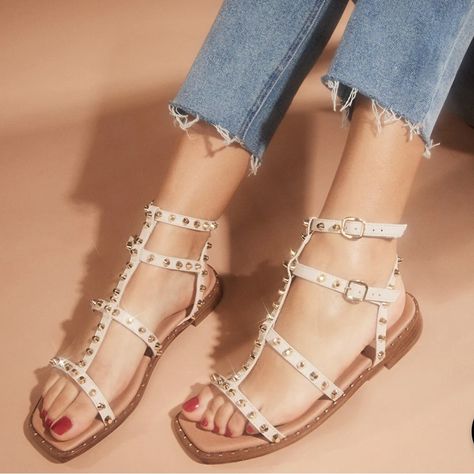 Sunnie Is A Flat Square Toe Sandal Embellished With Substantial Raised Flat Studs On The Gladiator Style Straps And Matching Mini Studs Around The Sole. The Gladiator, Steve Madden Store, Strappy Sandals Flat, Square Toe Sandals, Steve Madden Boots, Mini Studs, Ankle Straps, Strappy Sandals, Steve Madden Shoes