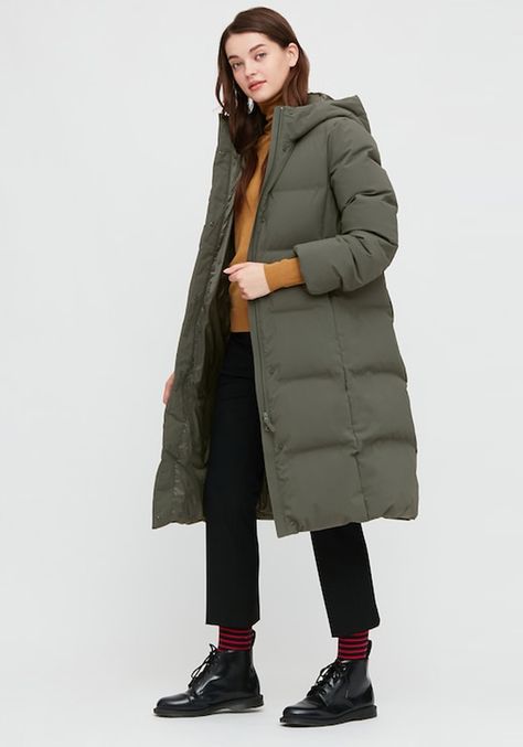 Uniqlo Coat, Long Down Coat, Long Coat Women, Perfect Coat, Uniqlo Women, Thick Sweaters, Green Coat, Coat Outfits, Women's Coats & Jackets