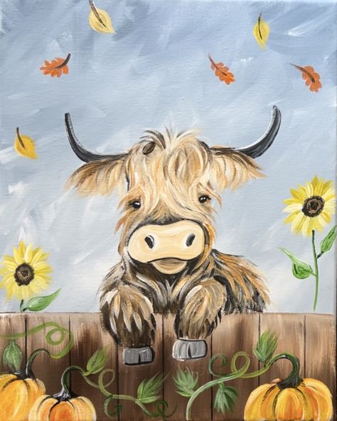 Fall Highland Cow - Acrylic Painting Tutorial Fall Highland Cow Painting, Fall Animal Paintings, Halloween Cow Painting, Fall Painting For Beginners, Fall Painting Tutorial Step By Step, Easy Fall Paintings For Beginners Step By Step, Acrylic Fall Paintings Easy, Canvas Painting Tutorials Step By Step, Fall Acrylic Painting Ideas On Canvas