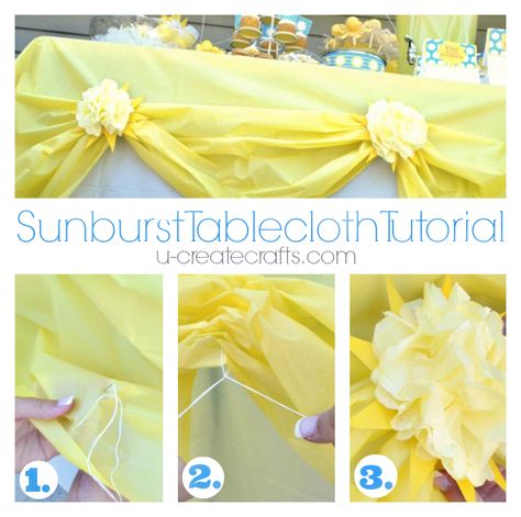 Plastic Tablecloth Decorations, Tablecloth Decorations, Pom Pom Tutorial, Sunshine Birthday Parties, Sunshine Party, Table Cloth Decorations, Yellow Birthday, Sunshine Birthday, Ocean Party