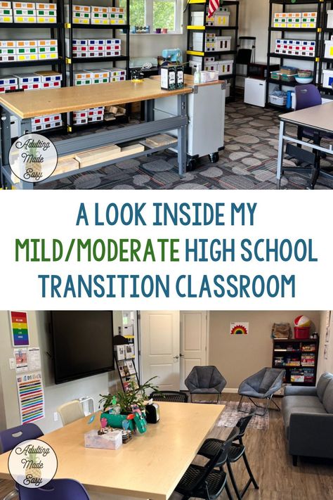 If you are a life skills teacher searching for inspiration for your high school transition classroom, this is for you! Here I share how I set up my transition classroom for 9-12th grade and 12+ students including how I set up our morning meeting area, large group activities, and a sensory space. I also share how we facilitate vocational and daily living skills inside our classroom and prepare for community based instruction. Take a look at our secondary special education classroom here. Secondary Life Skills Classroom, Classroom Organization Ideas High School, High School Classroom Decorating Ideas Special Education, High School Classroom Setup, Cozy Classroom Ideas High School, Large Group Activities, Community Based Instruction, Special Education Transition, Daily Living Skills