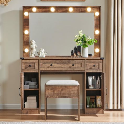 PRICES MAY VARY. Farmhouse-Style Vanity Desk ： Made from high-quality engineered wood with a charming farmhouse design, this vanity adds elegance to your room while ensuring long-term durability and stability. Clear Reflection Glass Mirror ： Provides a sharp, clear reflection for precise makeup application, enhancing your beauty routine. Hollywood Makeup Mirror ： Features three lighting modes (warm white, cool white, and warm yellow) to ensure flawless makeup application every time. Generous Sto Vanity With Mirrors And Lights, Vanity Desk Benches, Dresser And Makeup Vanity, Vanity With 2 Lights, Vanity Mirror Bedrooms, 3 Piece Vanity Mirror, Mirror Size Guide For Vanity Bedroom, Vanity Lights For Bedroom, Home Built Makeup Vanity