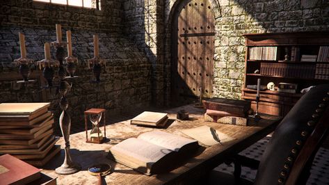 ArtStation - Medieval Interior, CGMonkeyKing ! Medieval Office, Medieval Interior, Medieval Bed, Ancient Astronomy, Library Study Room, House Viewing, Work Room, Fantasy House, Witch House