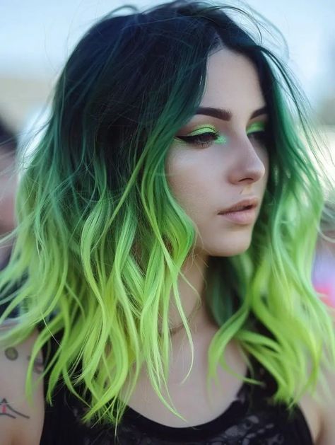 Colored Hair With Black Roots, Neon Green Ombre Hair, Vivid Hair Color Ombre, Rainbow Hair Color Ideas For Brunettes, Lime Green And Black Hair, Pulp Riot Hair Color Ideas, Crazy Color Hair Ideas, Summer Ombre Hair, Crazy Colour Hair