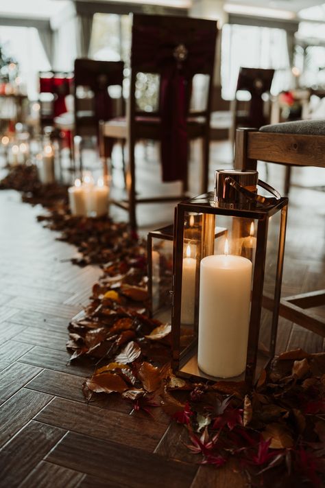 Fall Wedding Lantern Decor, Hanging Lanterns Wedding Aisle, Copper Lanterns Wedding, Lantern Wedding Aisle Decor, Rustic Fall Wedding Aisle Decor, Fall Wedding Lanterns, Fall Wedding Isles Decoration Indoor, Fall Wedding Decorations Table, Fall Ceremony Aisle Decor