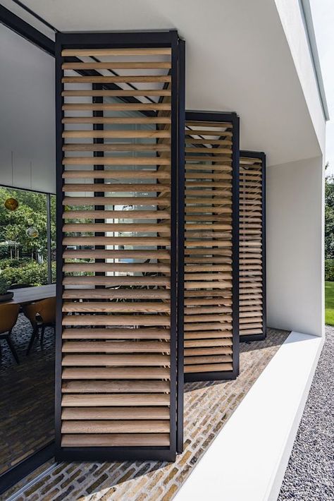 Outdoor Shutters, Exterior Drawing, 아파트 인테리어, Modern House Exterior Colors, Wooden Blinds, Grill Design, Sliding Panels, Linen Curtains, Modern House Exterior