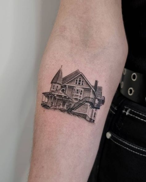 The Pink Palace Tattoo, The Pink Palace Coraline Tattoo, Pink Palace Tattoo Coraline, Abandoned House Tattoo, Princess Carolyn Tattoo, Coraline House Tattoo, Nostalgic Tattoo Ideas, Pink Palace Tattoo, Coraline Inspired Tattoos