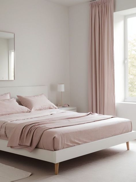 Create a minimalist pink bedroom with clean lines and a soothing color palette. Use a sleek platform bed, complemented by light pink bedding and a minimalistic side table, to achieve a calming and elegant look. Minimalist Pink Bedroom, Pink Minimalist Bedroom, Light Pink Bedding, Pink Bedroom Decor, Pink Bedrooms, Pink Bedding, Pink Bedroom, Soothing Colors, Minimalist Bedroom