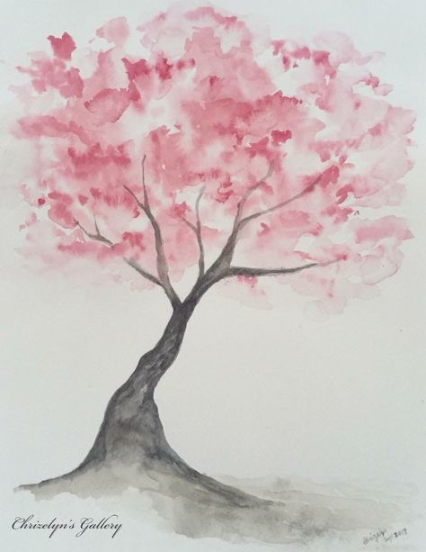 Watercolor Drawing Reference, Watercolor Art For Beginners Jellyfish, Watercolour Cherry Blossom Tree, Sakura Tree Watercolor Painting, How To Paint Sakura Tree, Blossom Tree Watercolour, Sakura Flower Watercolor, Easy Sakura Painting, Sakura Tree Watercolor