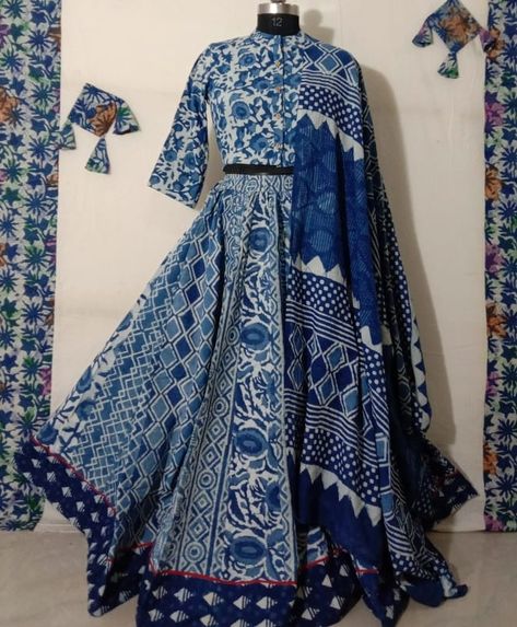 Cotton Lengha Design, Indigo Lehenga Cotton, Bagru Print Suits, Indigo Skirt And Top, Cotton Lengha, Colorful Lehenga, Gopi Dress, Sari Blouses, India Textiles