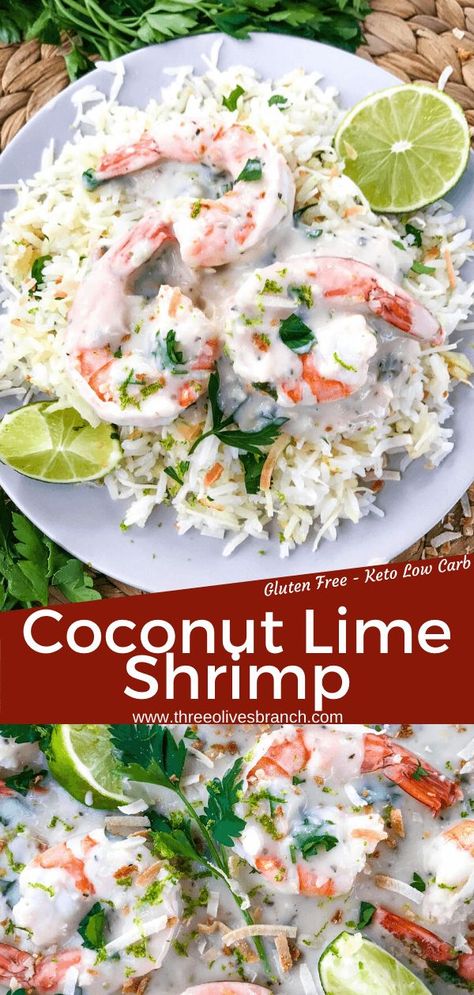 Coconut Lime Shrimp is ready in just 20 minutes! Gluten free and low carb Keto shrimp recipe cooked in a simple coconut milk and lime sauce. Serve with coconut rice. #coconutshrimp #coconutlime #shrimprecipe Coconut Lime Shrimp Recipe, Coconut Shrimp With Rice, Low Carb Recipes With Coconut Milk, What To Use Coconut Milk In, Coconut Rice With Shrimp, Coconut Lime Sauce For Fish, Shrimp Coconut Rice, Shrimp And Coconut Milk Recipes, Shrimp Coconut Milk Recipes