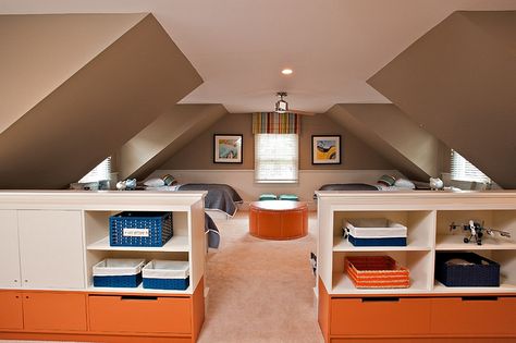 Love this but would consider a different color than orange. Maggie - this made me think of your new room upstairs! Bedroom Ideas Slanted Ceiling, Room With Slanted Ceiling, Rooms With Slanted Ceilings, Pergola Modern, Apartment Color Schemes, Zimmer Diy, Slanted Walls, Slanted Ceiling, Attic Design