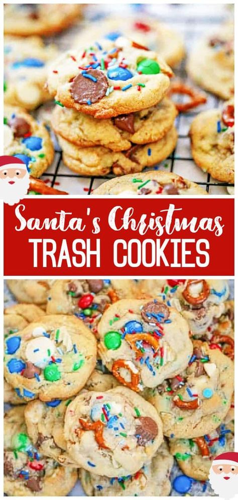 Santa's ChristThese cookies pretty much cover everything you could ever want in cookies and more, which is why they are called ‘trash’ cookies. Imagine soft, chewy cookies smooshed with loads of mini white and chocolate reese cups, white and chocolate chips, pretzels, potato chips, sea salt and festive sprinkles! Trash never tasted so good! mas Trash Cookies Santas Trash Cookies Delish, Santa Trash Cookies, Trash Cookies, Christmas Trash, Reese Cups, Good Cookies, Soft Chewy Cookies, Chewy Cookies, Easter Desserts