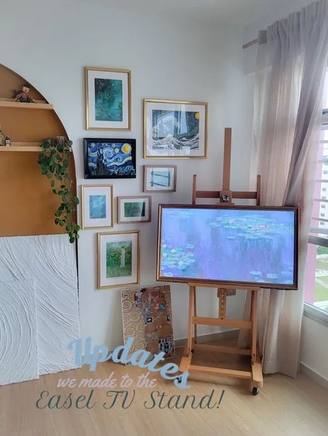 Easel TV Stand Update II - Hiding the cables. | Gallery posted by DIYrUs | Lemon8 Tv In Easel, Diy Tv Shelves, Easel For Tv, Easel As Tv Stand, No Tv In Bedroom, Tv On Art Easel, Aesthetic Tv Bedroom, Tv Easel Stand Living Rooms, Frame Tv Easel