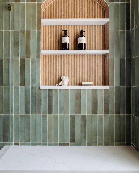 This freakin tile 😍😍😍 Shower & Wall Tile: Celine 2.5x12 in Sage by @bedrosianstile Designed by @timelessinteriors #tile #tiles… | Instagram Stone Shower Walls, Celine Collection, Earthy Bathroom, Bedrosians Tile, Condo Bathroom, Shower Wall Tile, Stone Shower, Bali House, Stunning Bathrooms