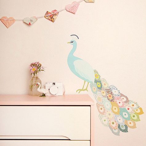 Adorable wall decals from Love Mae | http://www.tobyandroo.com/adorable-wall-decals-love-mae/ Peacock Baby, Peacock Fabric, Baby Room Ideas, Interactive Walls, Fabric Wall Decals, Kids Interior, Big Girl Rooms, Fabric Wall, Peacocks