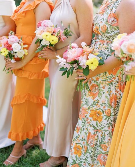 Citrus Wedding Theme Bridesmaid Dresses, Festive Wedding Attire, Bright Bridesmaids, Floral Bridesmaid Dresses Mismatched, Bright Bridesmaid Dresses, Bridesmaid Dress Color Schemes, Bridesmaid Dresses Color Palette, Orangery Wedding, Bridesmaid Color