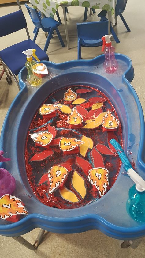 People Who Help Us Water Tray, Community Helper Reggio Emilia, People Who Help Us Sensory Activities, Firefighter Eyfs Activities, Fire Tuff Tray, People Who Help Us Activities For Toddlers, Fire Sensory Play, Community Helpers Toddler Activities, People Who Help Us Activities