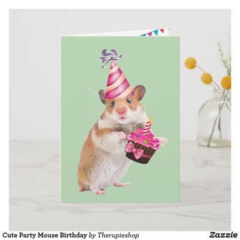 Cute Party Mouse Birthday Card Cupcake Birthday Cards, Funny Mouse, Cupcake Birthday, Cute Birthday Cards, Donut Party, Mouse Birthday, Personalized Note Cards, Cute Mouse, Cupcake Party