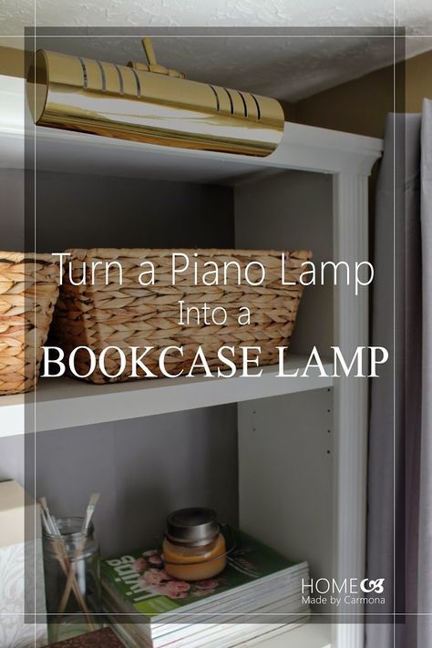 Lamp On Top Of Bookcase, Lamp On Bookshelf, Bookcase Lamp, Bookshelf Light, Library Lamp, Piano Lamp, Diy Bookends, Old Piano, Shelf Lamp