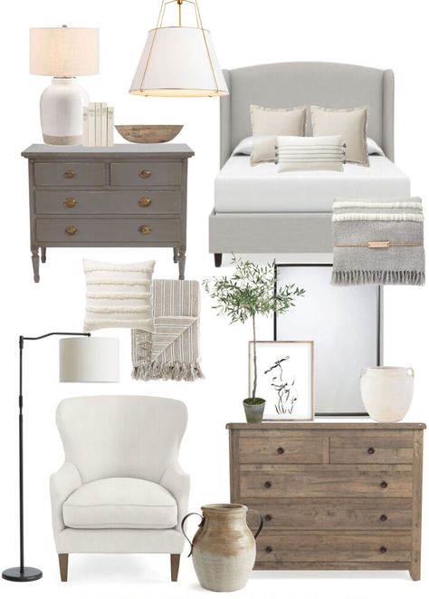 New Bedroom Trends 2023, Romantic Bedroom Furniture, Modern And Traditional Bedroom, Bedroom With Desk As Nightstand, Mismatched Dresser And Nightstand, Neutral Bedroom Furniture Ideas, Transitional Interior Design Style Living Room, Grey Upholstered Bed Bedroom Ideas, Green Bedroom Mood Board