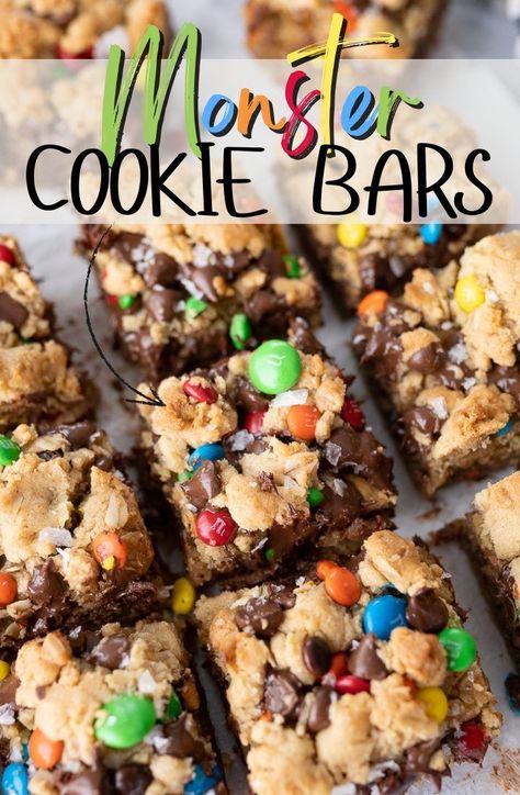 Monster Cookie Bars Monster Cookie Bars Recipe, Monster Cookie Bars, Dessert Oreo, Monster Cookie, Dessert Bar Recipe, Desserts Easy, Cookie Bar Recipes, Lost 100 Pounds, Yummy Sweets