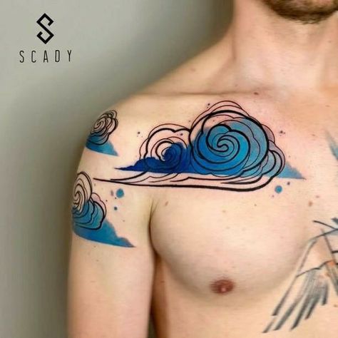 Wave Cloud Tattoo, Compass Tattoo Colorful, Pinochle Tattoo, Black Skin Color Tattoo, Colored Tattoos On Dark Skin, Elemental Tattoos, Scifi Tattoo, Air Tattoos, High Contrast Tattoo