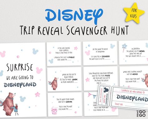 Disney Trip Reveal Scavenger Hunt, Trip Reveal Scavenger Hunt, Trip Reveal Ideas, Surprise Disney Trip Reveal, Disney Trip Reveal, Disney Trip Surprise, Disney Reveal, Disney Surprise, Treasure Hunt Games