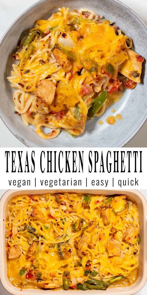 Texas Chicken Spaghetti Vegan Chicken Spaghetti Recipe, Vegetarian Chicken Spaghetti, Vegan Chicken Spaghetti, Dairy Free Chicken Spaghetti, Texas Chicken Spaghetti, Vegan Casseroles, Texas Chicken, Chicken Spaghetti Recipe, Healthy Main Meals