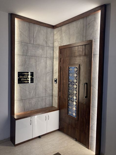 Flat Door Entrance Ideas, Simple Safety Door Designs, Main Door Design For Flats, Main Door Entrance Wall Tiles, Sefty Door Design Home, Entrance Lobby Design Residential Flat, Safety Door Design Entrance Modern For Flat, Modern Entrance Lobby Design Residential, Flat Entry Door Design