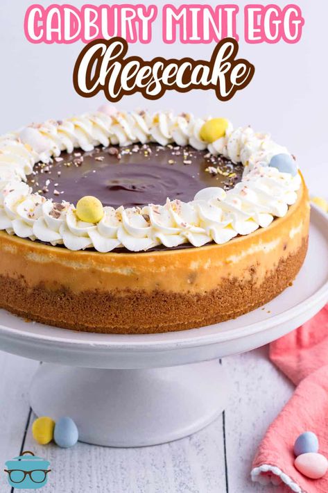 A whole Cadbury Mini Egg Cheesecake on a platter. Cadbury Egg Cheesecake, Recipes With Cadbury Mini Eggs, Cadbury Mini Egg Cheesecake, Cookies With Cadbury Mini Eggs, Easter Desserts With Cadbury Mini Eggs, Easter Candy Recipes, Mini Eggs, Chocolate Topping, Country Cooking