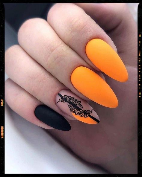 Picture Edited by AirBrush App. Gorgeous Almond Nails Orange with Black. #nailart #nailsart #gelnails #nailsalon #nails #acrylicnails #nailsoftheday #nailstyle #lovenails #nailsinspire #nailsaddict #photoeditor #filter #airbrush #retouch Orange Nail Art, Orange Nail Designs, Bright Summer Nails, Trendy Nail Art Designs, Nail Art Designs Summer, Matte Nails Design, Black Nail Designs, Trendy Nail Art, Manicures Designs