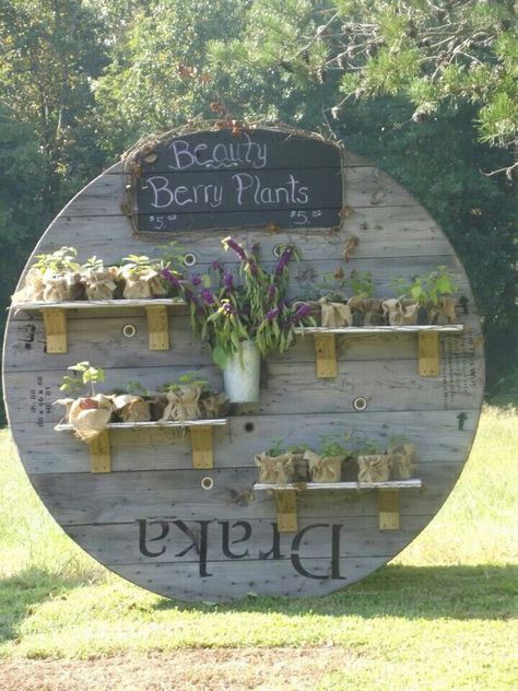 Plants farm yard sign spool Electrical Spools, Wooden Cable Reel, Large Wooden Spools, Cable Spool Tables, Wooden Cable Spools, Wooden Spool Projects, Wooden Spool Crafts, Cable Reels, Spool Furniture