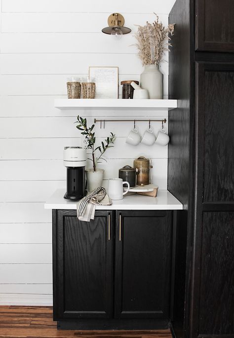 Coffee Bar Armoire, Bar With Floating Shelves, Coffee Bar In Kitchen, Bar Shelf Ideas, Coffee Bar Ideas Kitchen, Bar In Kitchen, Coffee Bar Ideas Kitchen Counter, Coffee Bar Cart, Coffee Shelf