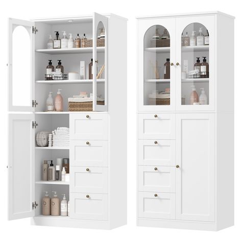 PRICES MAY VARY. 【Maximize Storage Space】With 2 top cabinets, 4 spacious drawers, and a side cabinet with an adjustable shelves, FINETONES bathroom storage cabinet provides plenty of space for your hairdryer, towels, toiletries, bath products, and more to keep your home essentials organized. 【Multifunctional Storage Cabinet】Modern, simple, and beautiful design makes this white storage cabinet fit well into various scenes, suitable for the bathroom, living room, laundry room, kitchen, storage roo Restroom Storage Cabinet, Bathroom Storage Cabinet Ideas, Bathroom Storage Cabinets, Shelves Freestanding, Top Cabinets, Cabinet For Bathroom, Tall Bathroom Cabinet, Freestanding Bathroom Storage, Cabinet Glass Doors