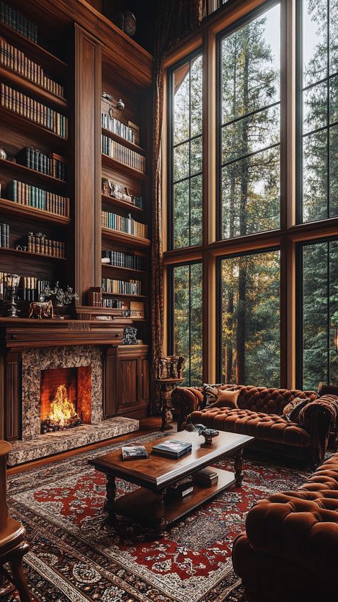 Cozy living room with dark wood paneling, large windows, vintage bookshelves, plush sofas, and a crackling fireplace. Cozy Earthy Living Room, Earthy Living Room Ideas, Forest Living Room, Dark Wood Paneling, Rustic Comforter, Velvet Sofas, Earthy Living Room, Wooden Living Room, Home Transformation