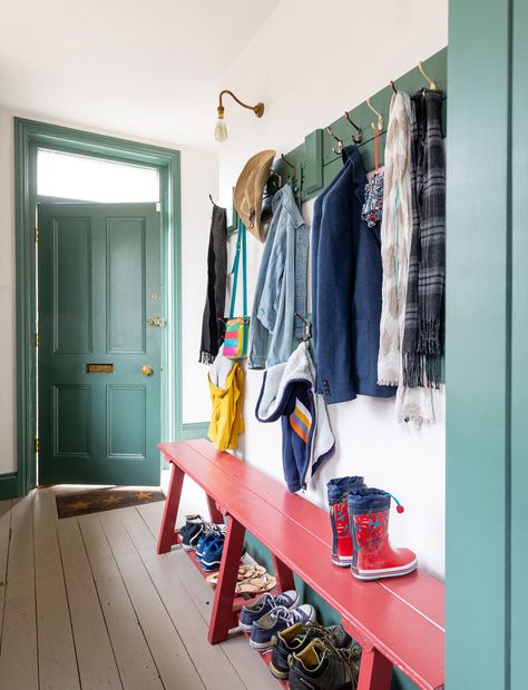 Boot Room Utility, Painted Floorboards, Hallway Paint, Period Home, Mudroom Ideas, Hallway Inspiration, Edwardian House, Mudroom Design, Hallway Designs