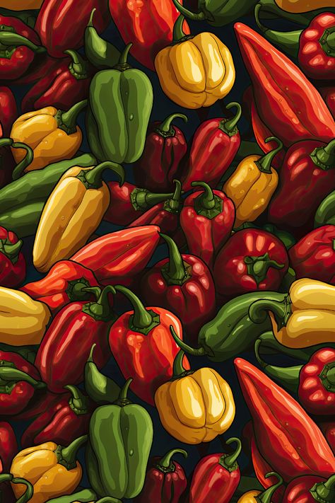 Spicy IV - A captivating seamless pattern featuring jalapenos, habaneros, chilis and other types of hot peppers, that fits perfectly on on your chosen product .................................................................................................................. spicy pepper, jalapeno print, repeatable pattern, all over print, habanero, red and green, colorful pattern, gardening, spicy chili, capsaicin, colorful duvet, pattern pillow, seamless pattern, patterncabinet, pattern cabinet Chilli Wallpaper, Chili Wallpaper, Duvet Pattern, Repeatable Pattern, Label Ideas, Chilli Peppers, Birthday Cake Topper Printable, Spice Labels, Hot Peppers